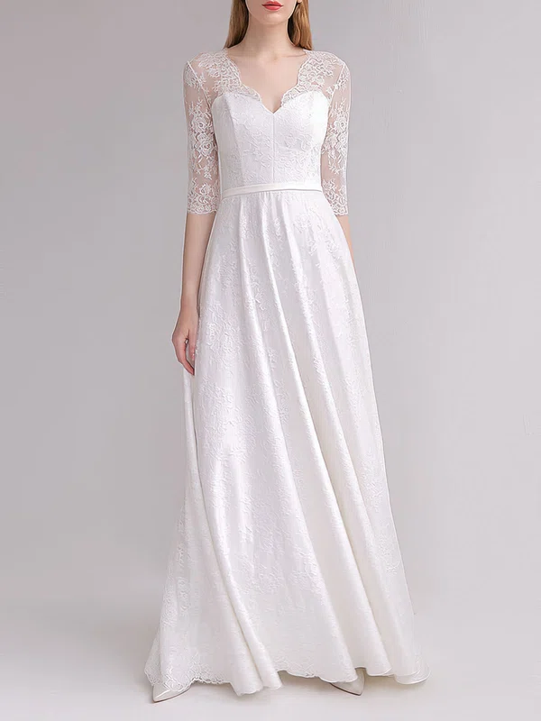 A-line V-neck Lace Floor-length Wedding Dress #Milly00027887