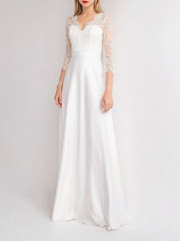 A-line V-neck Satin Floor-length Wedding Dress With Lace #Milly00027890