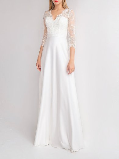 A-line V-neck Satin Floor-length Wedding Dress With Lace #Milly00027890