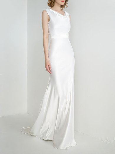 Sheath/Column Cowl Neck Satin Sweep Train Wedding Dress #Milly00027893