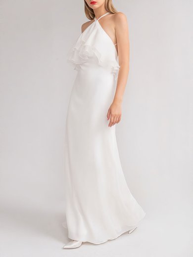 Sheath/Column Halter Chiffon Floor-length Wedding Dress With Ruffles #Milly00027904