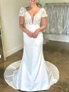 Trumpet/Mermaid V-neck Satin Court Train Wedding Dress With Lace #Milly00027909