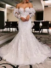 Trumpet/Mermaid Off-the-shoulder Glitter Tulle Court Train Wedding Dress With Appliques Lace #Milly00027915