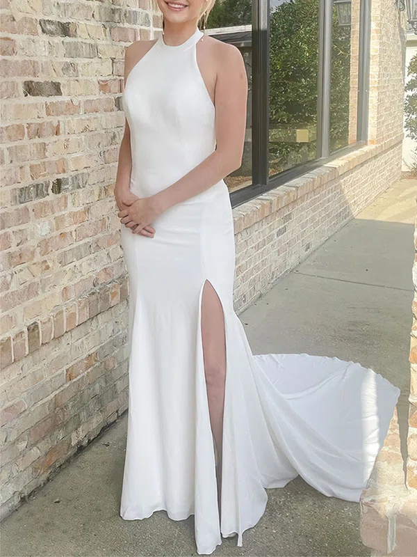 Sheath/Column Halter Chiffon Sweep Train Wedding Dress With Split Front #Milly00027918