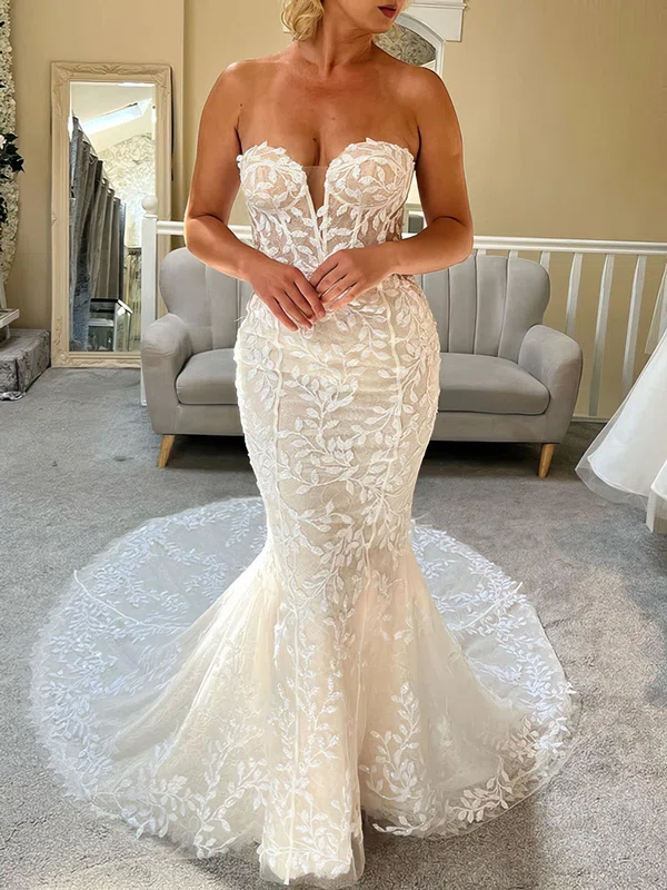 Trumpet/Mermaid Sweetheart Lace Court Train Wedding Dress With Appliques Lace #Milly00027919