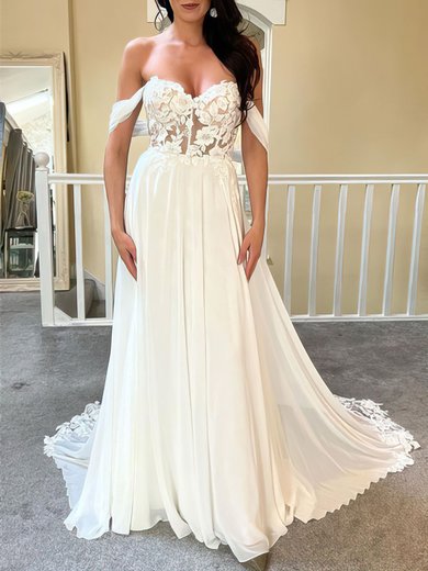 A-line Off-the-shoulder Chiffon Sweep Train Wedding Dress With Appliques Lace #Milly00027923