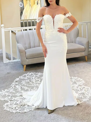 Trumpet/Mermaid Off-the-shoulder Stretch Crepe Sweep Train Wedding Dress With Appliques Lace #Milly00027927