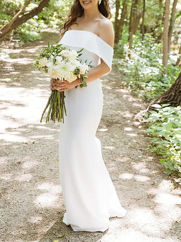 Sheath/Column Off-the-shoulder Stretch Crepe Sweep Train Wedding Dress #Milly00027931