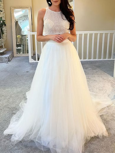 Ball Gown/Princess Scoop Neck Tulle Sequin Sweep Train Wedding Dress #Milly00027932