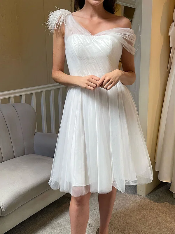 A-line Asymmetrical Neck Tulle Knee-length Wedding Dress With Feathers #Milly00027933