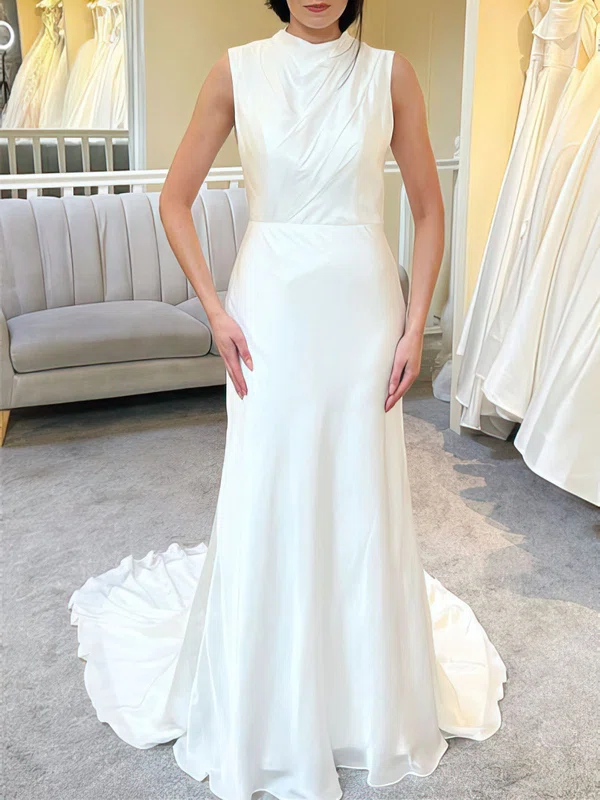 Sheath/Column High Neck Satin Chiffon Sweep Train Wedding Dress #Milly00027934