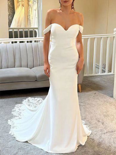 Trumpet/Mermaid Off-the-shoulder Stretch Crepe Court Train Wedding Dress With Appliques Lace #Milly00027935