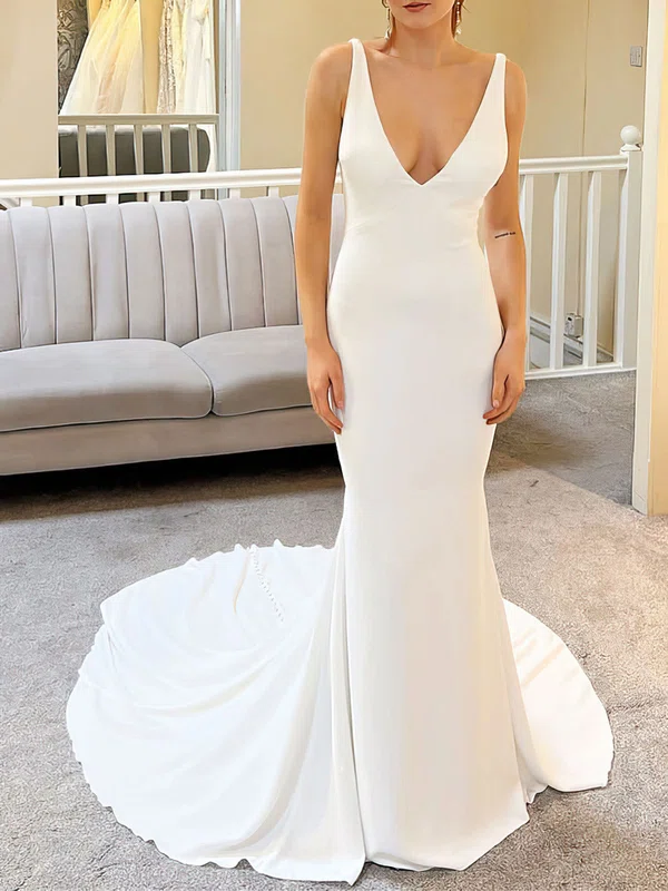 Trumpet/Mermaid V-neck Stretch Crepe Court Train Wedding Dress #Milly00027937