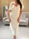 Sheath/Column V-neck Sequin Tea-length Wedding Dress #Milly00027940