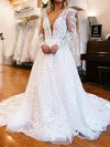 Ball Gown/Princess V-neck Tulle Court Train Wedding Dress With Appliques Lace #Milly00027942