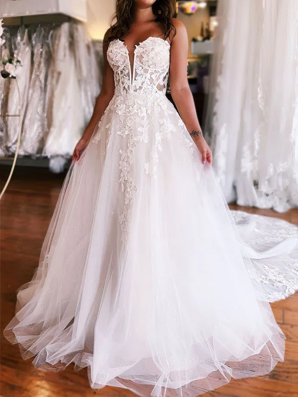 Ball Gown/Princess Sweetheart Glitter Tulle Court Train Wedding Dress With Appliques Lace #Milly00027943