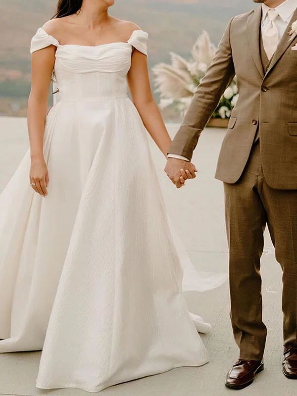 Ball Gown/Princess Off-the-shoulder Satin Court Train Wedding Dress #Milly00027944