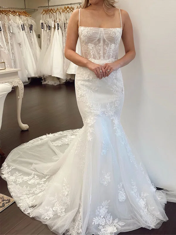 Trumpet/Mermaid Square Neckline Glitter Tulle Court Train Wedding Dress With Appliques Lace #Milly00027950