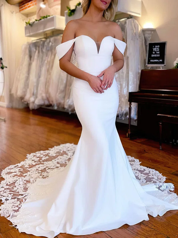 Trumpet/Mermaid Off-the-shoulder Satin Sweep Train Wedding Dress With Appliques Lace #Milly00027956