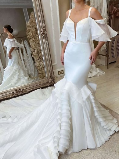 Trumpet/Mermaid V-neck Organza Chapel Train Wedding Dress With Cascading Ruffles #Milly00027969