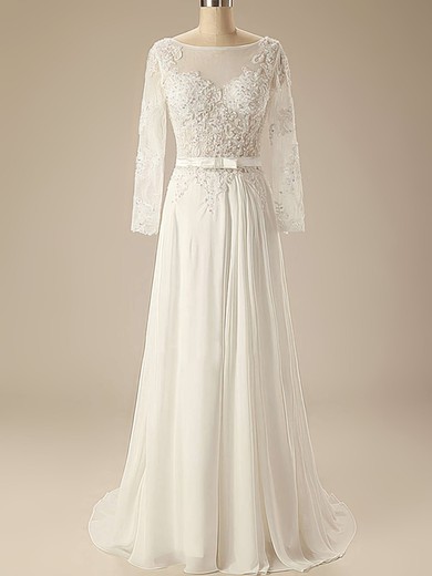 Long Sleeve Sweep Train Chiffon Appliques Lace Scoop Neck Ivory Wedding Dress #00020626