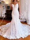 Trumpet/Mermaid V-neck Lace Tulle Court Train Wedding Dress With Appliques Lace #Milly00027982