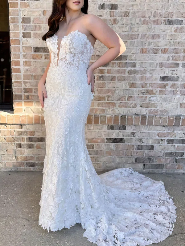 Trumpet/Mermaid Sweetheart Lace Sweep Train Wedding Dress #Milly00027995