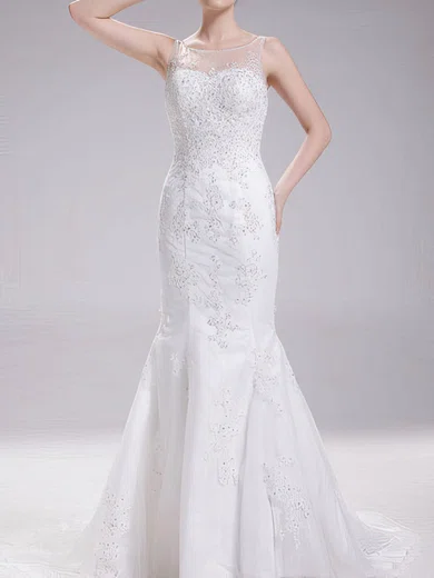 Scoop Neck White Tulle Appliques Lace Backless Trumpet/Mermaid Wedding Dress #00020630
