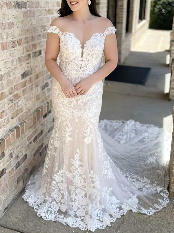 Trumpet/Mermaid Illusion Lace Tulle Court Train Wedding Dress With Appliques Lace #Milly00028021