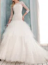3/4 Sleeve White Tulle Scoop Neck Appliques Lace Trumpet/Mermaid Wedding Dress #00020632