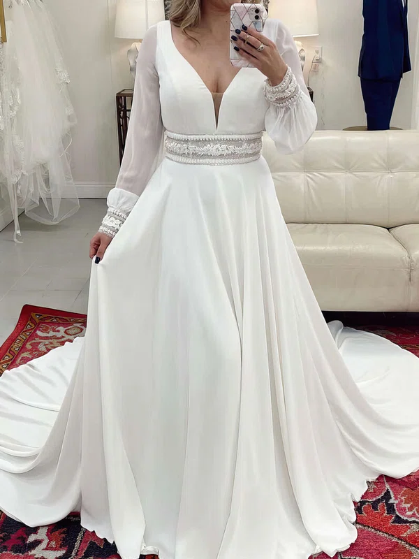 A-line V-neck Chiffon Court Train Wedding Dress With Lace #Milly00028042