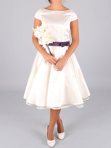 Classic Tea-length Scoop Neck Ivory Satin with Sashes/Ribbons Cap Straps Wedding Dresses #00020633