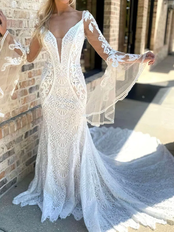 Trumpet/Mermaid V-neck Lace Court Train Wedding Dress With Appliques Lace #Milly00028054