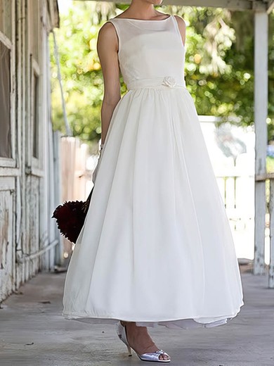 Discount White Satin Flower(s) Square Neckline Ankle-length Wedding Dresses #00020636