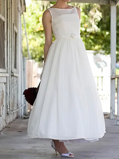 Discount White Satin Flower s Square Neckline Ankle length Wedding Dresses