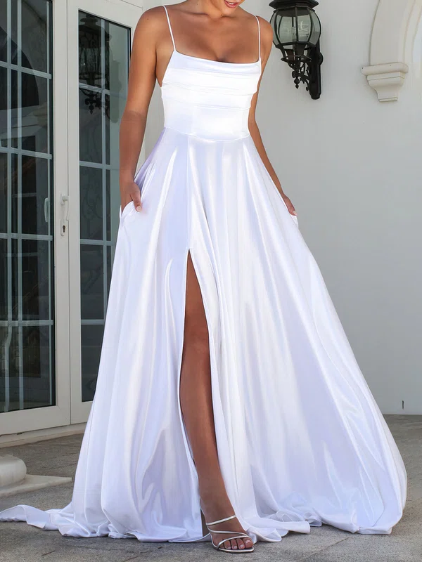 A-line Square Neckline Satin Sweep Train Wedding Dress With Split Front #Milly00026805