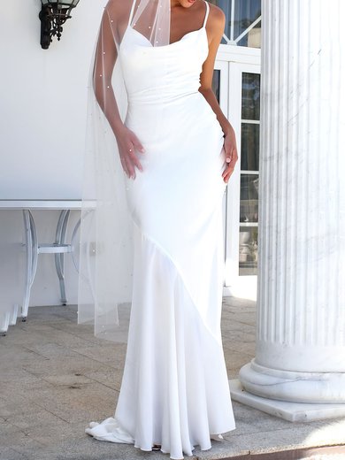 Sheath/Column Cowl Neck Satin Sweep Train Wedding Dress With Ruched #Milly00026807