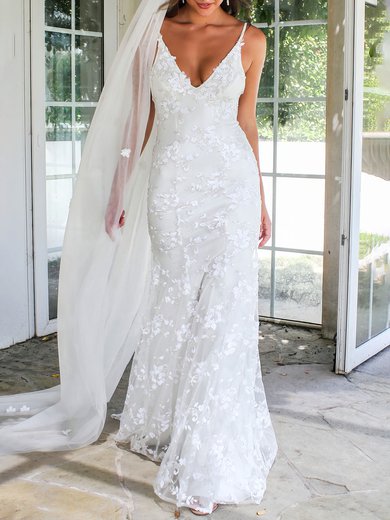 Trumpet/Mermaid V-neck Lace Sweep Train Wedding Dress #Milly00026809