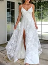 A-line V-neck Lace Sweep Train Wedding Dress With Split Front #Milly00026811