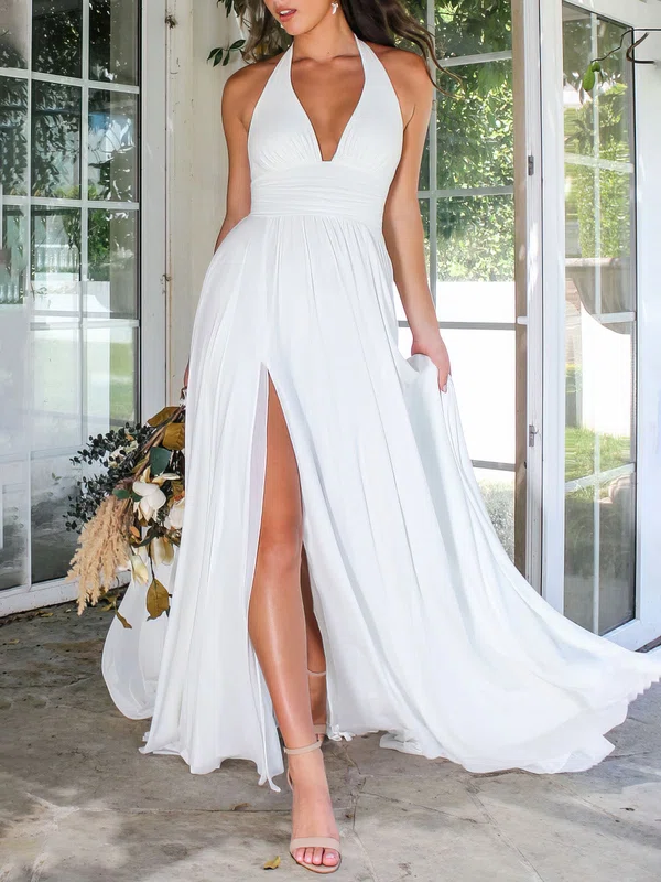 A-line Halter Chiffon Sweep Train Wedding Dress With Ruched #Milly00026812