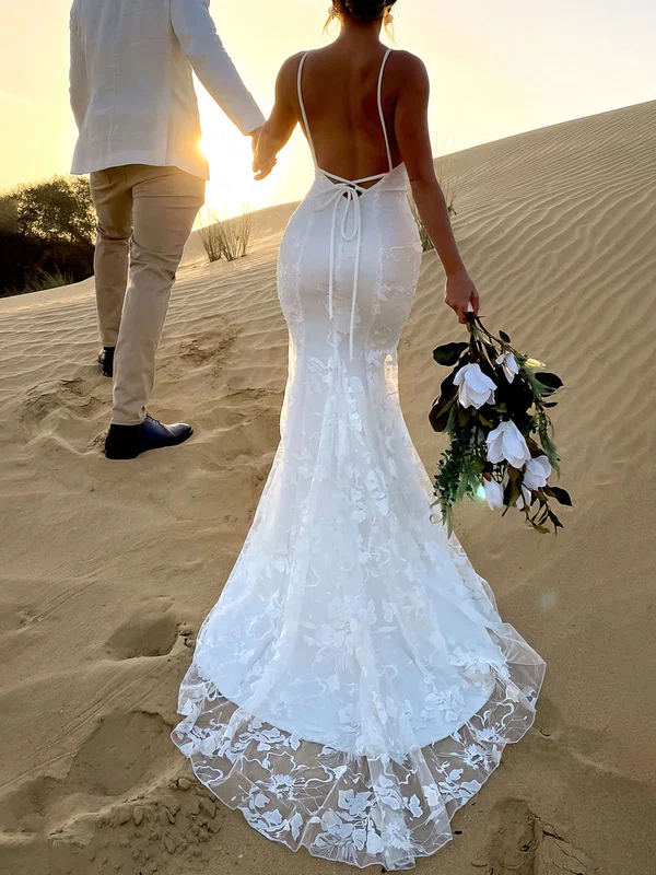 Trumpet/Mermaid V-neck Lace Sweep Train Wedding Dress #Milly00026813