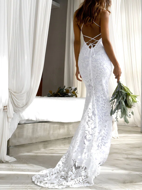 Trumpet/Mermaid Scoop Neck Lace Sweep Train Wedding Dress #Milly00026815