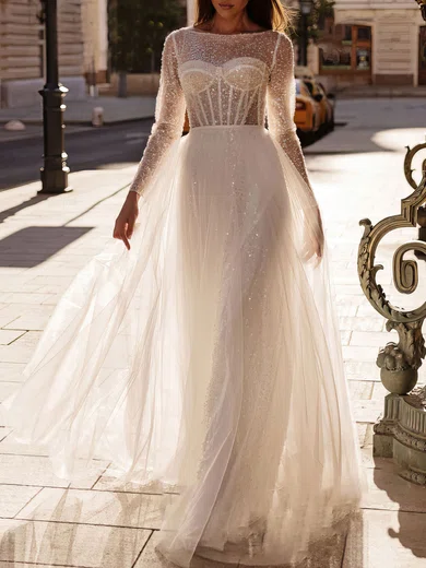 Ball Gown/Princess Scoop Neck Glitter Tulle Sweep Train Wedding Dress With Beading #Milly00027077