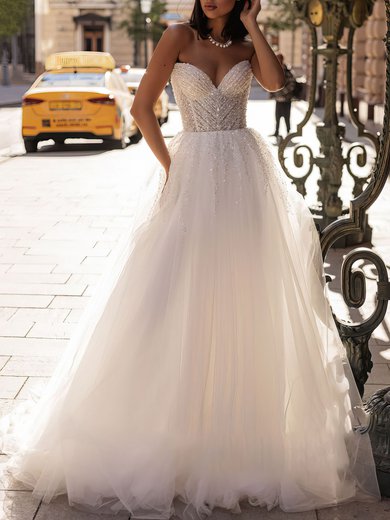 Ball Gown/Princess V-neck Glitter Tulle Court Train Wedding Dress With Beading #Milly00027079