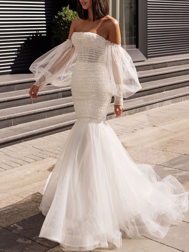 Trumpet/Mermaid Off-the-shoulder Glitter Tulle Sweep Train Wedding Dress With Beading #Milly00027081