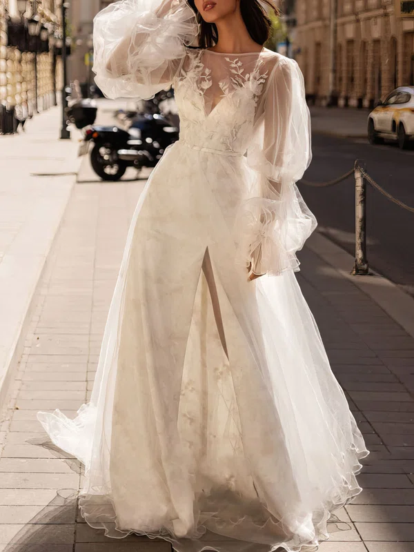 Sheath/Column V-neck Lace Floor-length Wedding Dress With Split Front #Milly00027085