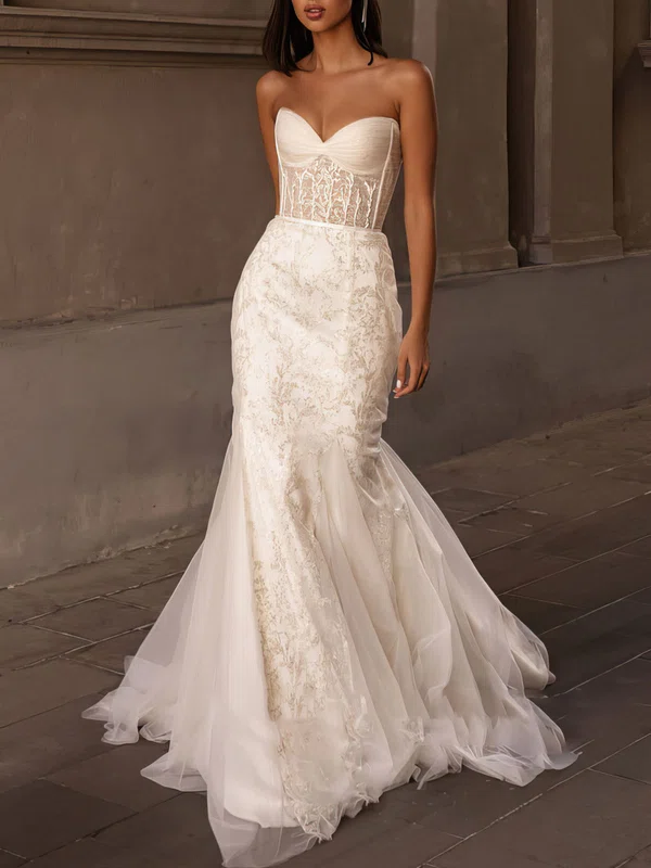 Trumpet/Mermaid Sweetheart Lace Sweep Train Wedding Dress With Appliques Lace #Milly00027086