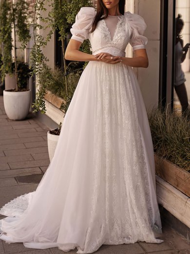 Ball Gown/Princess Scoop Neck Lace Court Train Wedding Dress With Beading #Milly00027087