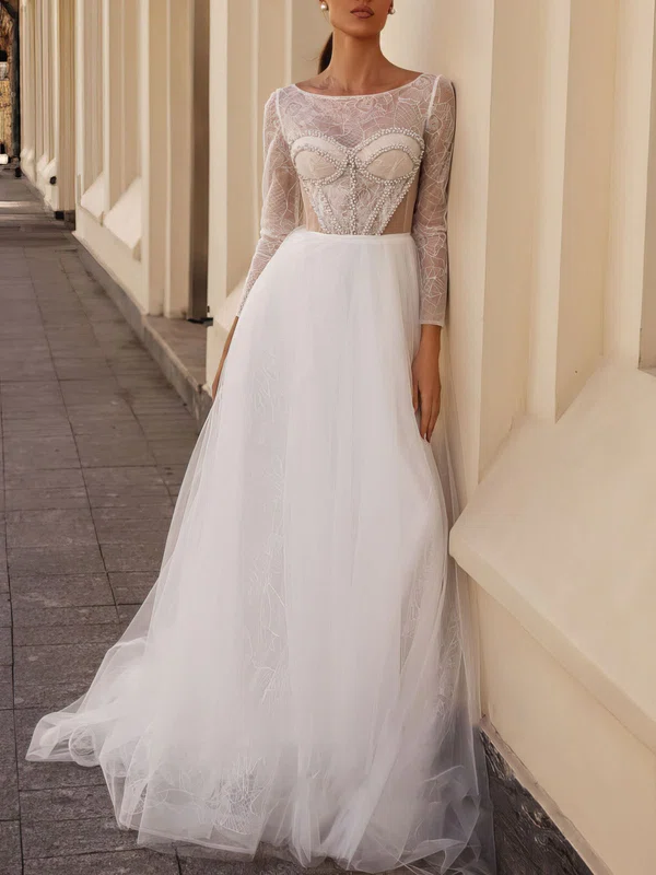 Ball Gown/Princess Scoop Neck Tulle Sweep Train Wedding Dress With Appliques Lace #Milly00027090