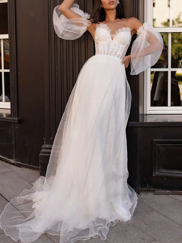 Ball Gown/Princess V-neck Tulle Court Train Wedding Dress With Appliques Lace #Milly00027091